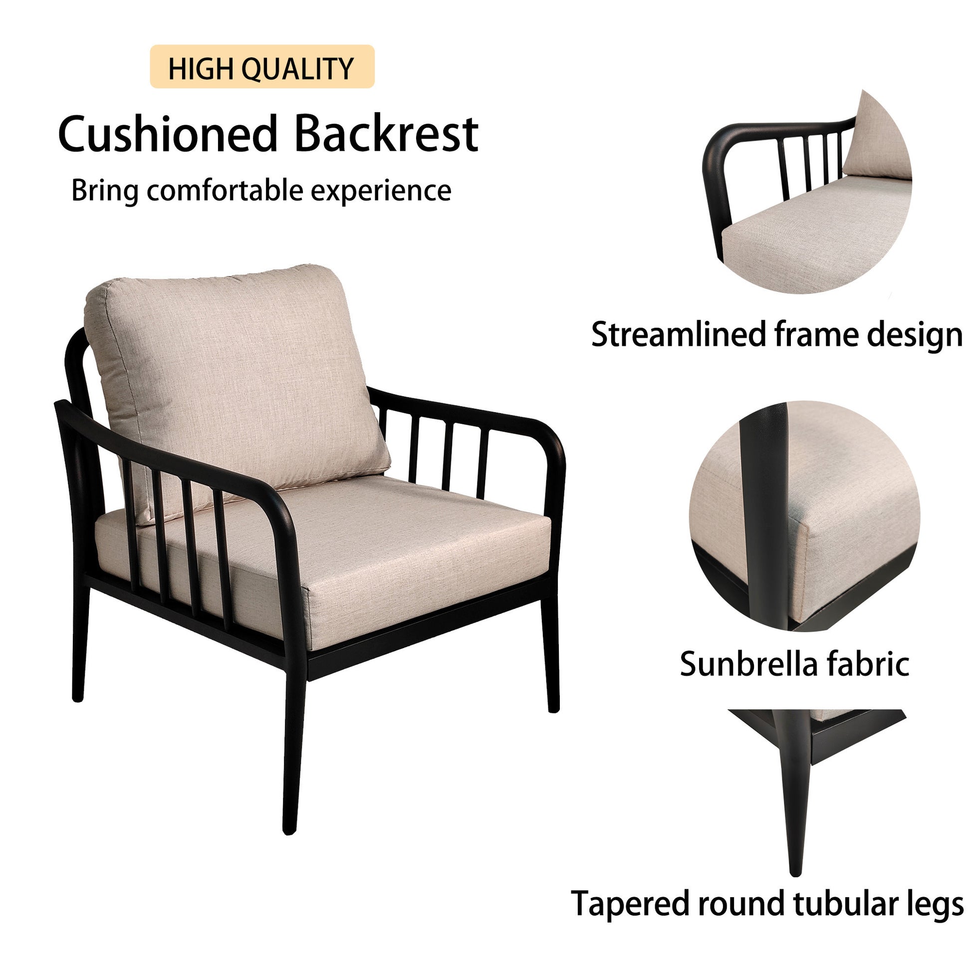 5Pc Outdoor Aluminum Patio Furniture,Modern Chat Sofa Conversation Set,Removable Sunbrella Cast Silver Fabric Cushions And Table With White Carrara Marble Look Sintered Stone Top,Ember Black Yes Deep Seating Ember Black Rust Resistant Frame Fade