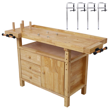 Wood Workbench Wooden Workbench For Garage Workshop And Home, With Bar Clamps Set 12 Inch X 3Inch Throat,Pack Of 4 Natural Rubber Wood