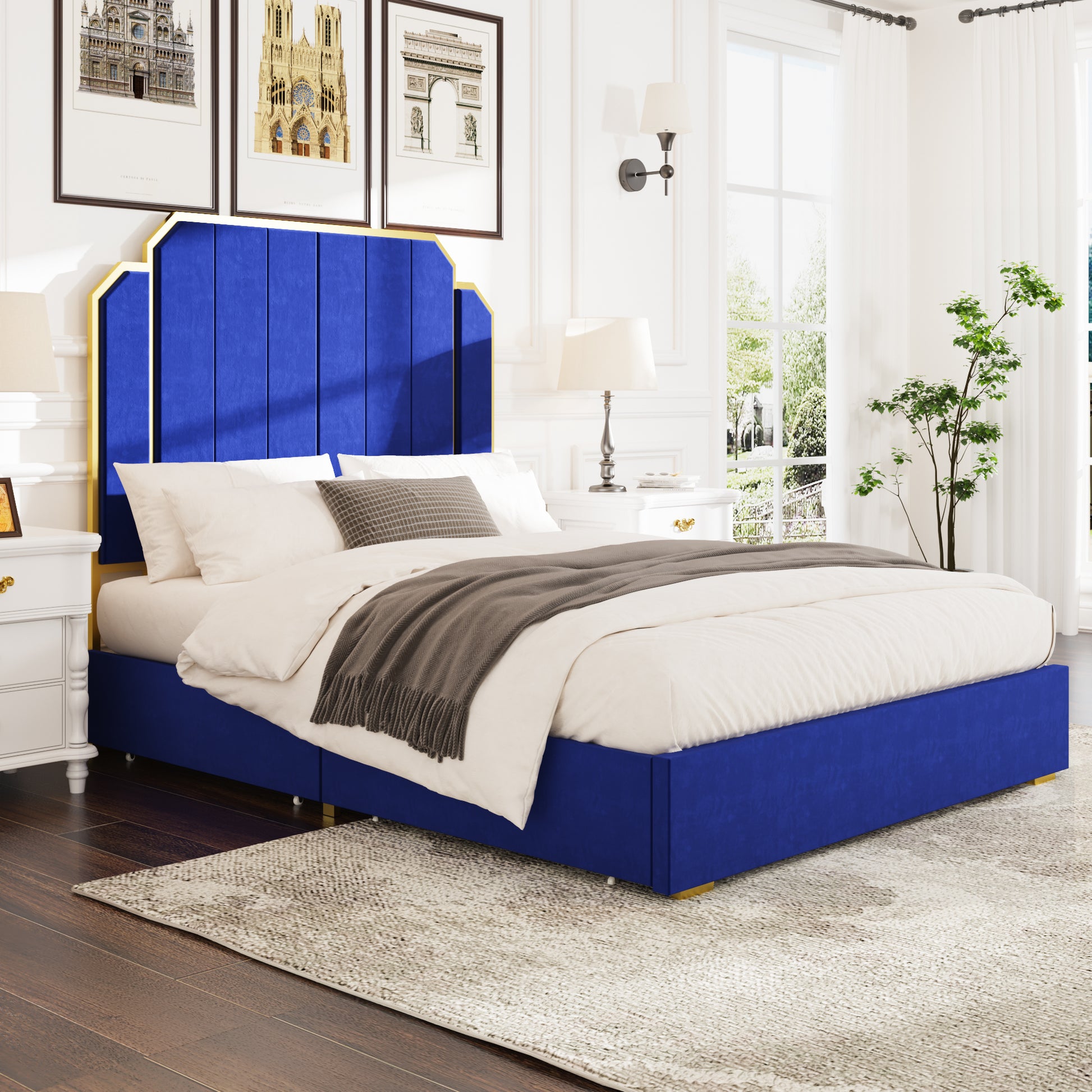 Queen Size Bed Frame And 59.06" Headboard, Upholstered Bed With Golden Plating Trim, Modern Platform Bed No Box Spring Needed, Navy Blue Queen Bed Box Spring Not Required Queen Gold Blue Metal Bedroom Modern Bed Frame Velvet Mdf Metal