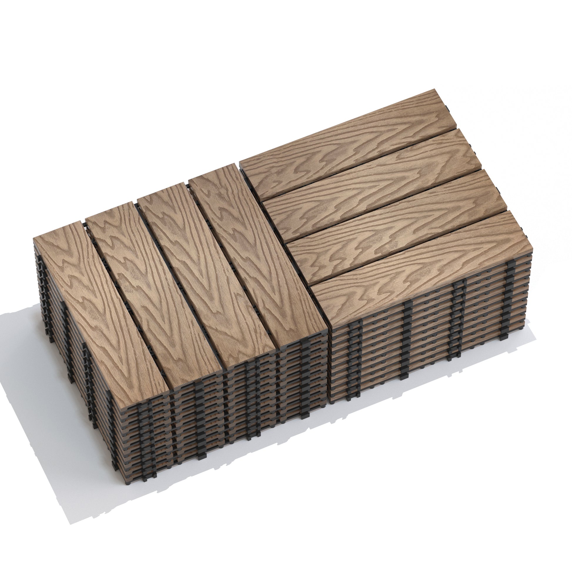 Patio Floor Tiles Pack Of 22 Wpc Wood Plastic Composite Patio Deck Tiles Diy Interlocking Decking Tiles, Quick Deck Floor Tile, Court Tile, Water Resistant Indoor Outdoor 11.8" 3D Teak Teak Plastic