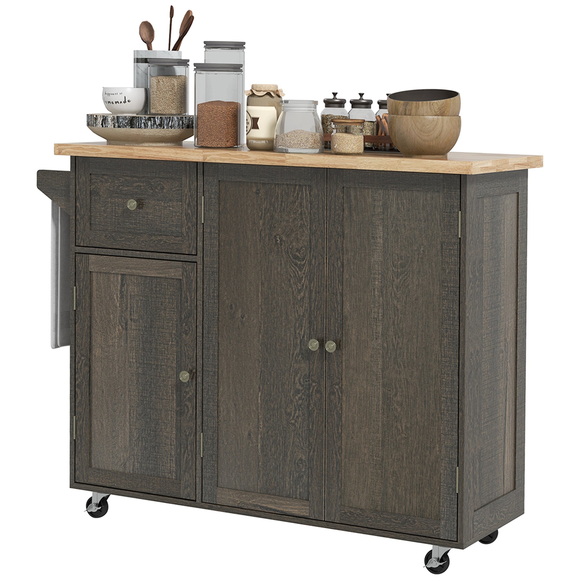 Homcom Triple Cabinet Rolling Kitchen Island On Wheels, Kitchen Cart With Storage Shelf Adjustment, Rolling Utility Cart With Wood Top, Towel Rack, Big Drawer, Distressed Brown Distressed Brown Wood