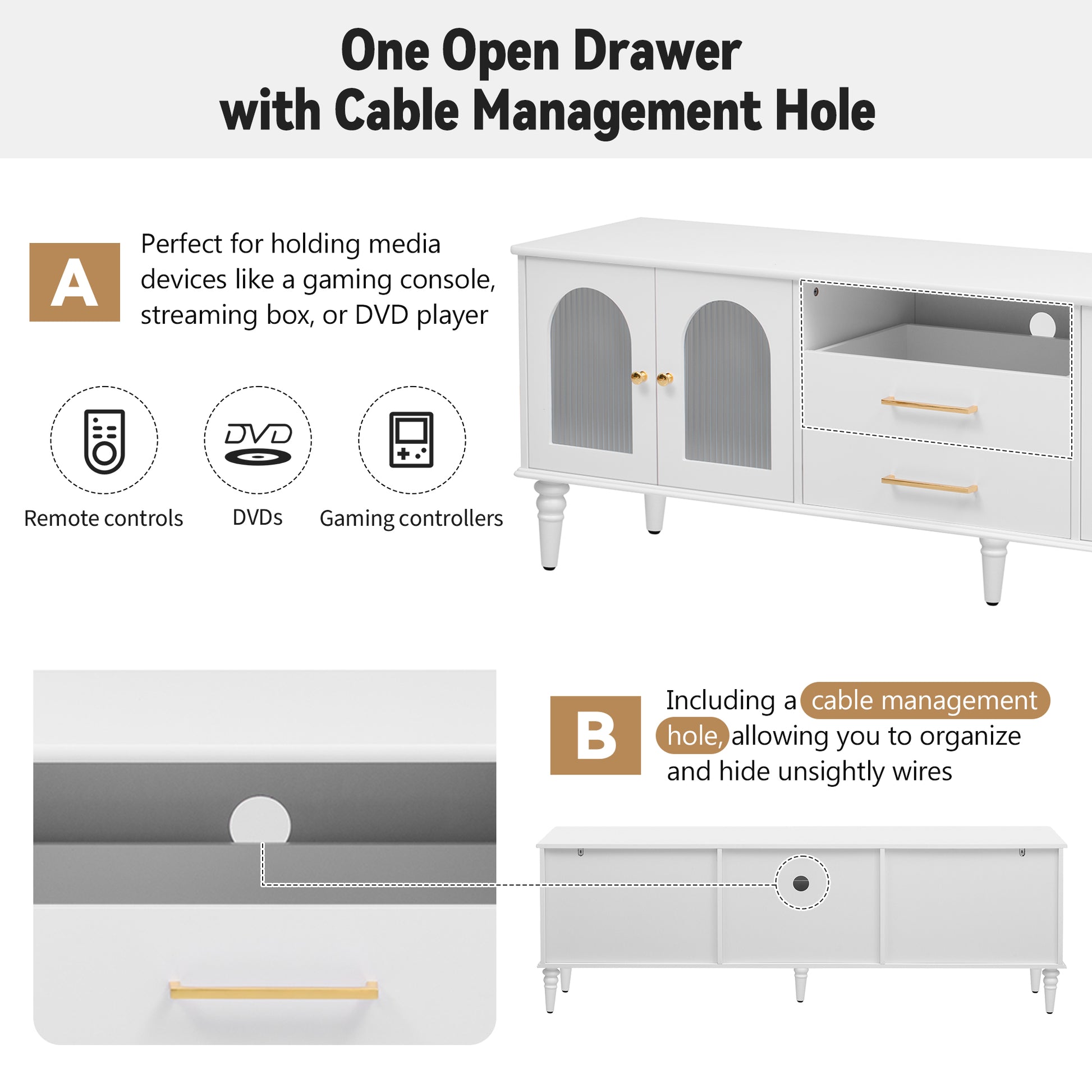 68.9'' Retro Tv Stand For Tvs Up To 75 Inches, Entertainment Center Media Console With Fluted Glass Doors And Five Solid Wood Legs For Living Room White 70 79 Inches Mdf