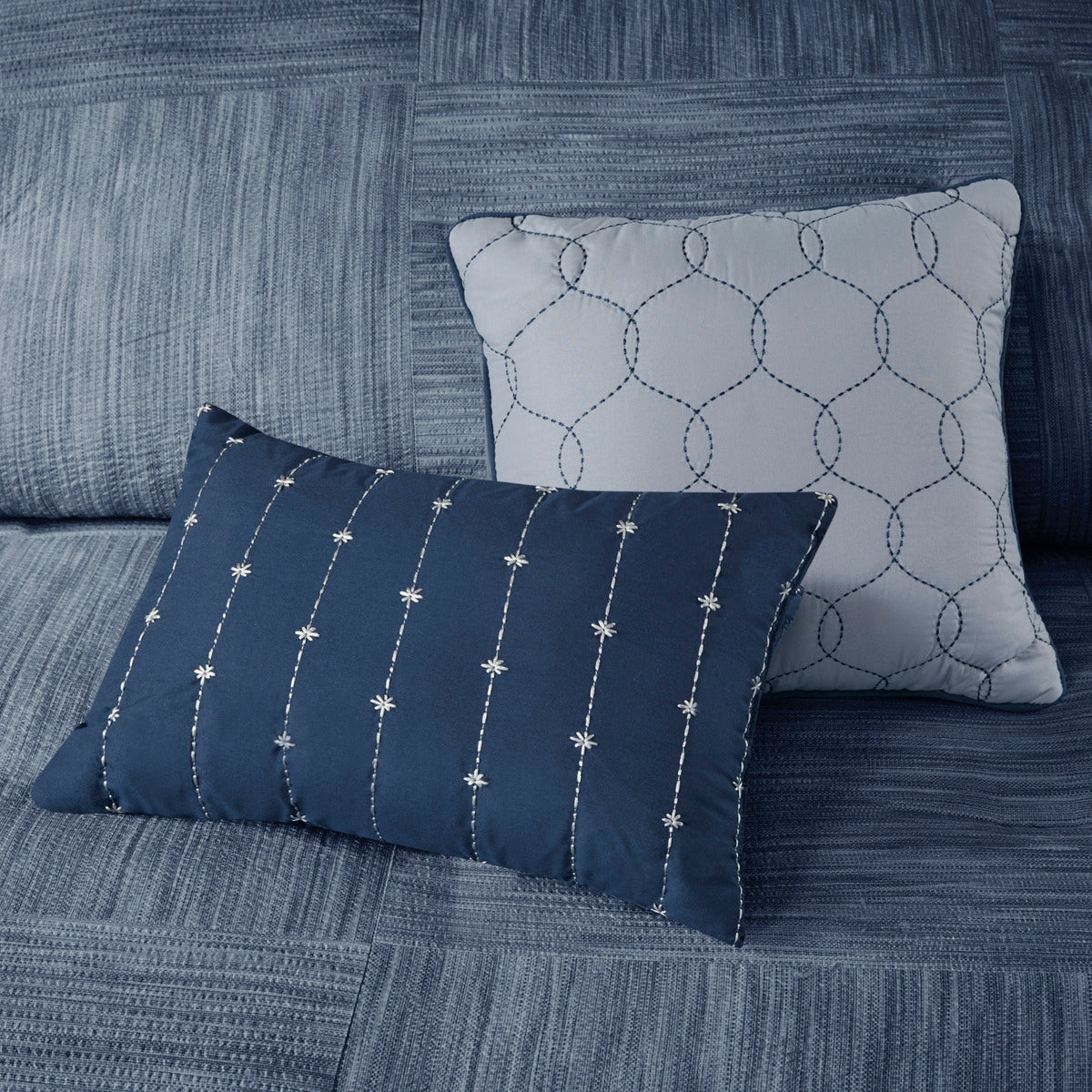 7 Piece Printed Seersucker Comforter Set Navy Queen Queen Navy Microfiber