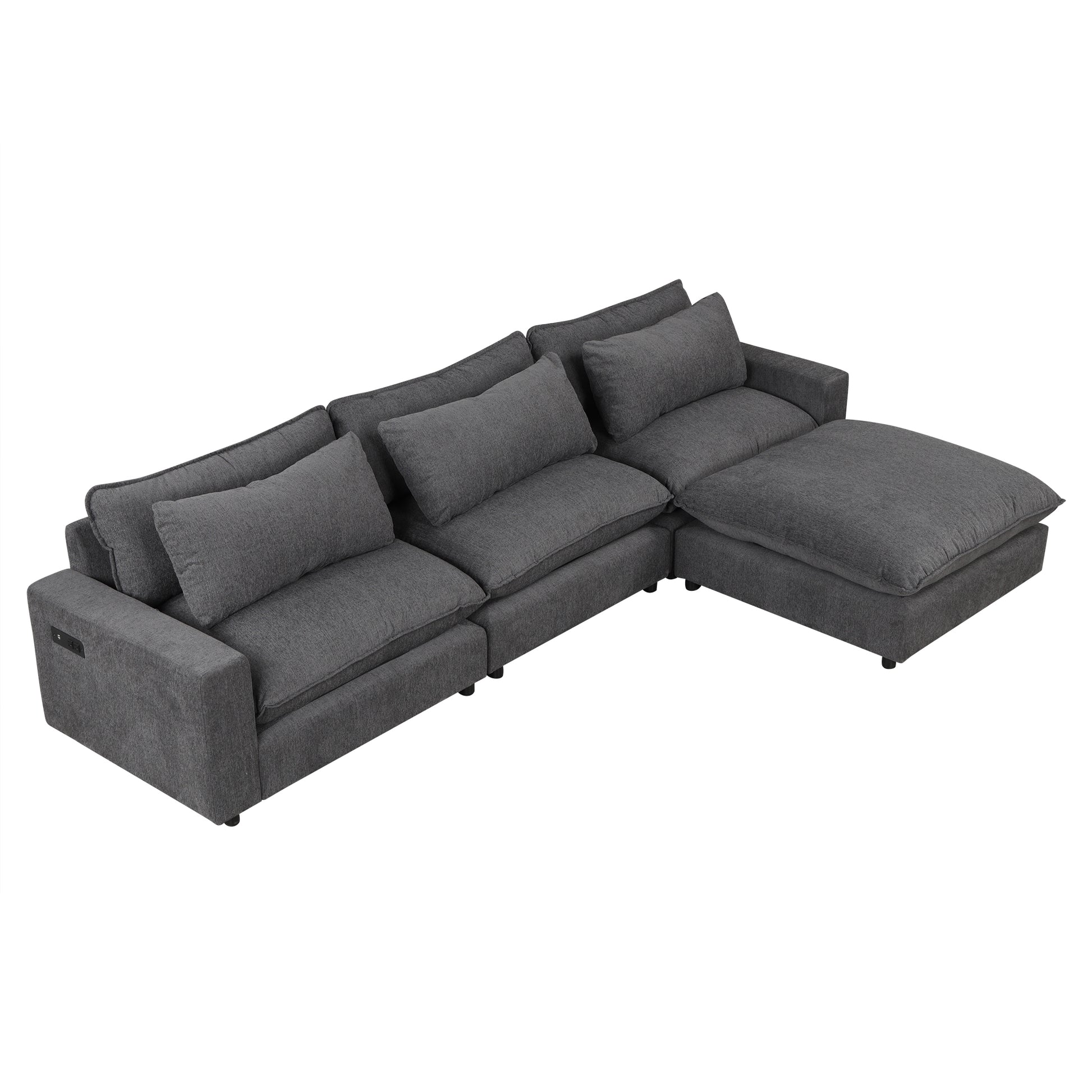 128" Sectional Sofa Cloud Sofa Chenille Upholstered Sofa Couch With Movable Ottoman, Comfortable Seat Cushions, Charging Ports And Three Back Pillows For Living Room, Grey Grey Foam Chenille 4 Seat