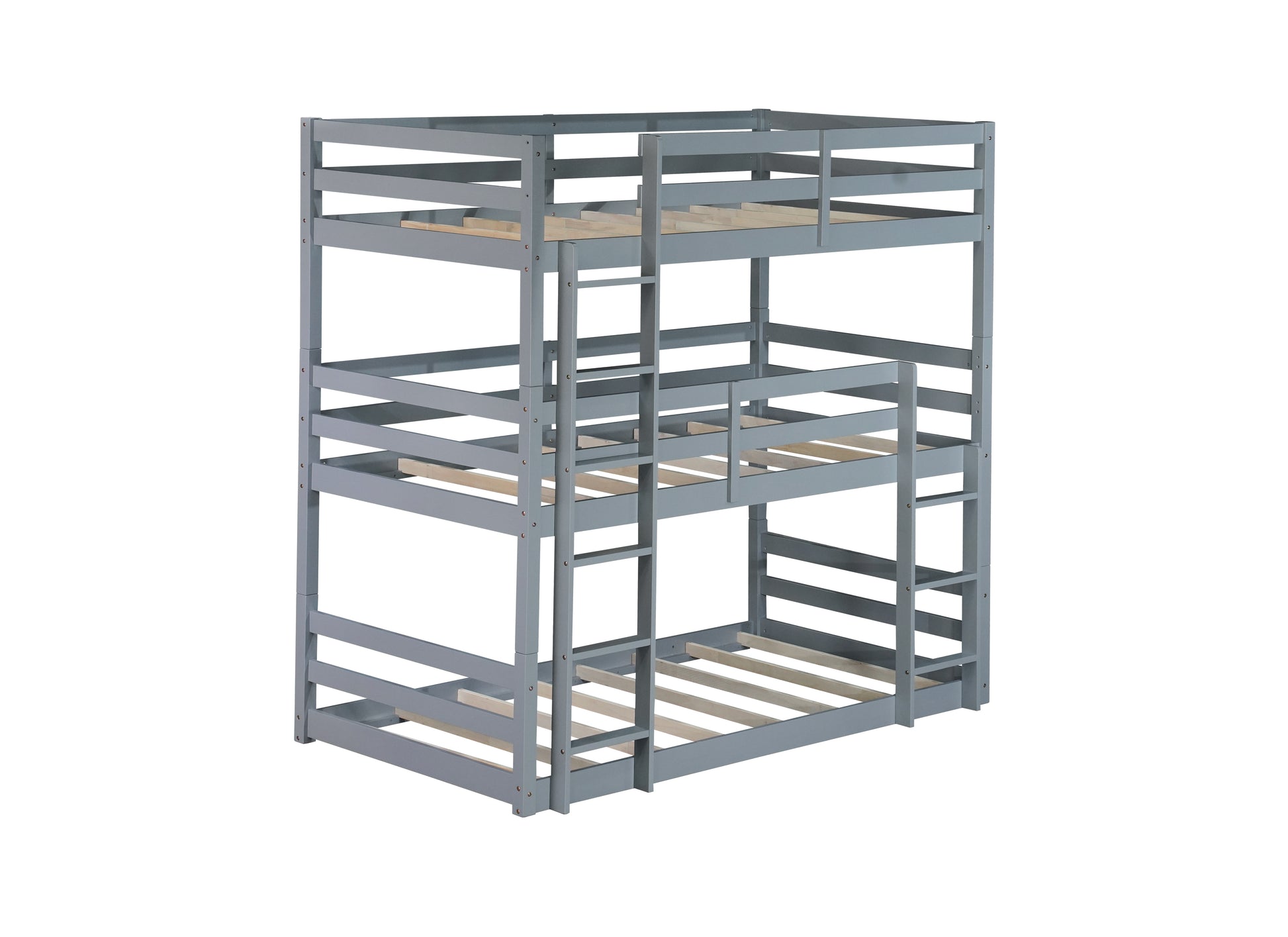 Triple Rubber Wood Bunk Bed With Two Built In Ladders, Guardrails, Twin Over Twin Over Twin, Detachable Triple Twin Bunk Bed,Grey Twin Grey Bedroom American Design Bed Frame Rubber Wood