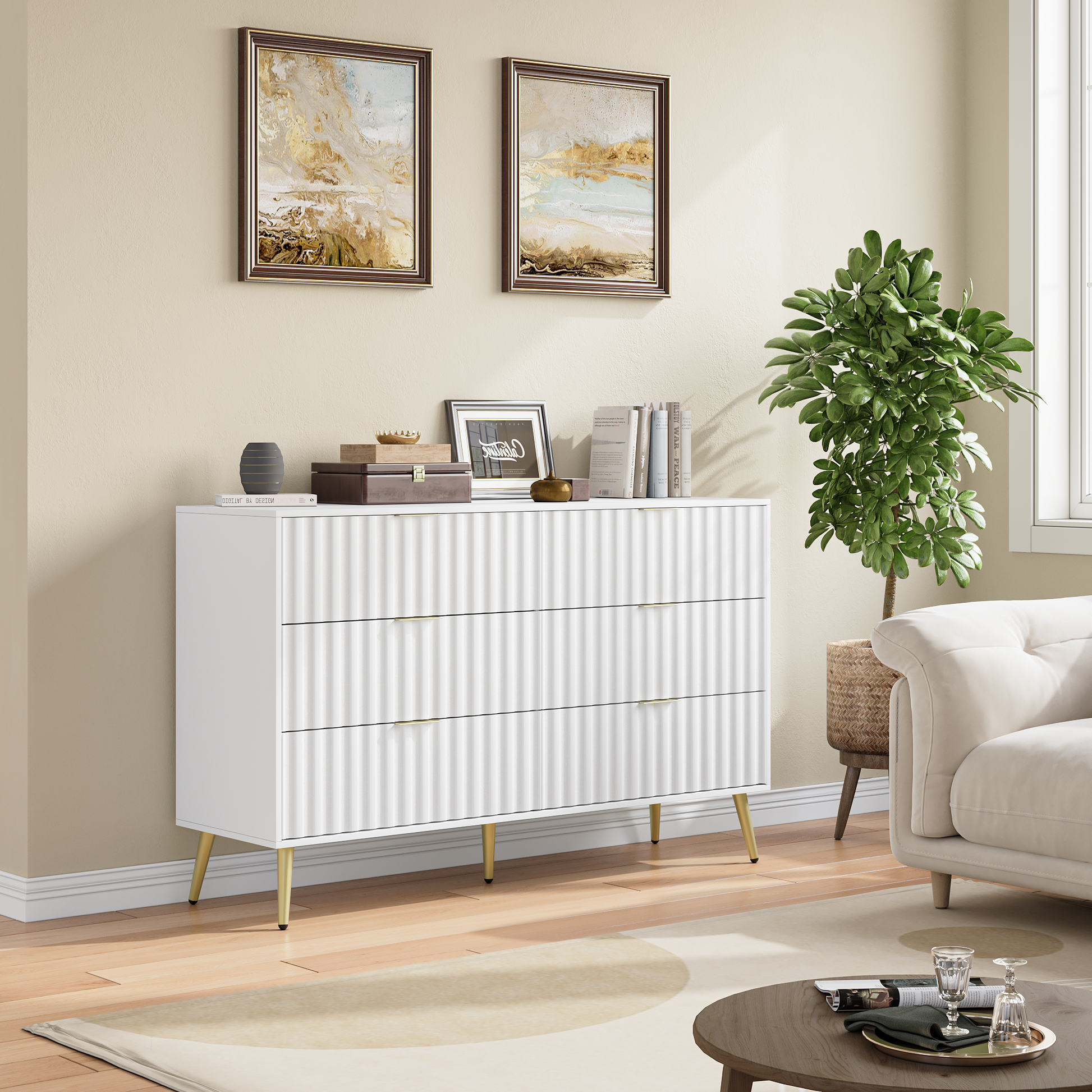 White Modern 6 Drawer For Living Room For Hallway Wide Chest Of Drawers For Living Room White American Design,American Traditional,Antique,Casual,Modern Mdf