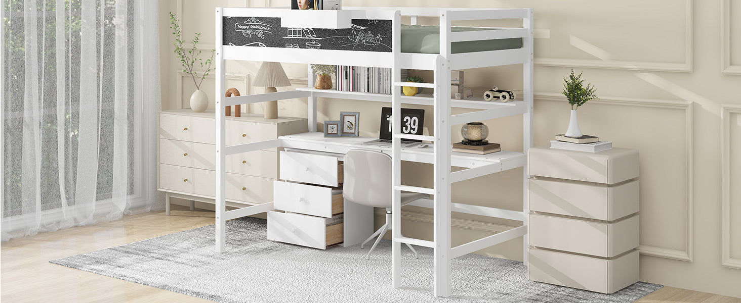 Wood Twin Size Loft Bed With Desk, Blackboard, Storage Box, Shelf And 3 Drawers, White Box Spring Not Required Twin White Wood Solid Wood Mdf