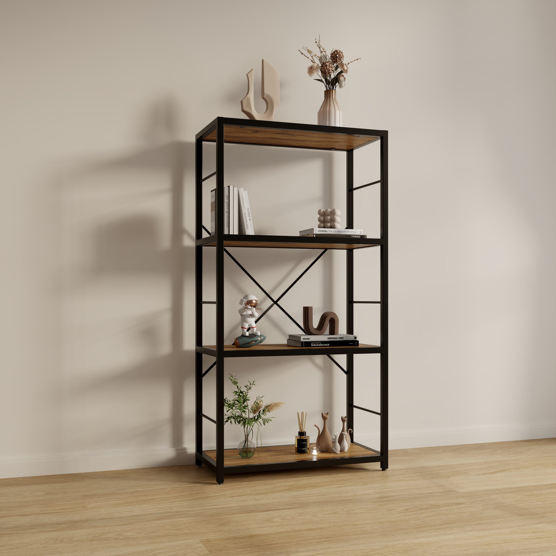 Dfw Bookshelves And Bookcases,29.52Inch Wide Shelf 4 Tier Ladder Shelf 110Lbs Shelf Vintage Industrial Style Bookcase For Bedroom Living Room Home, Vintage Brown 4 Black Vintage Brown Ladder Primary