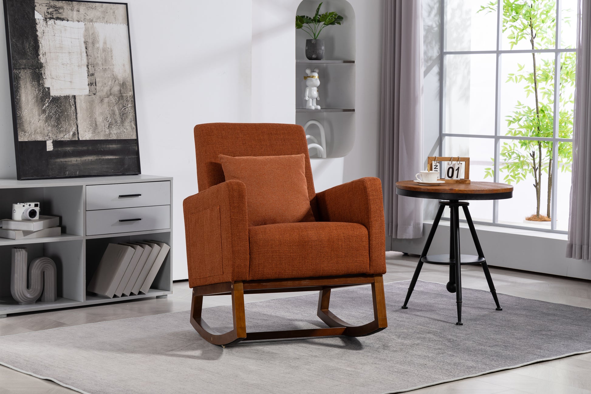 Mid Century Modern Accent Chair With Wood Frame, Upholstered Living Room Chairs With Waist Cushion, Reading Armchair For Bedroom Sunroom Brown Linen