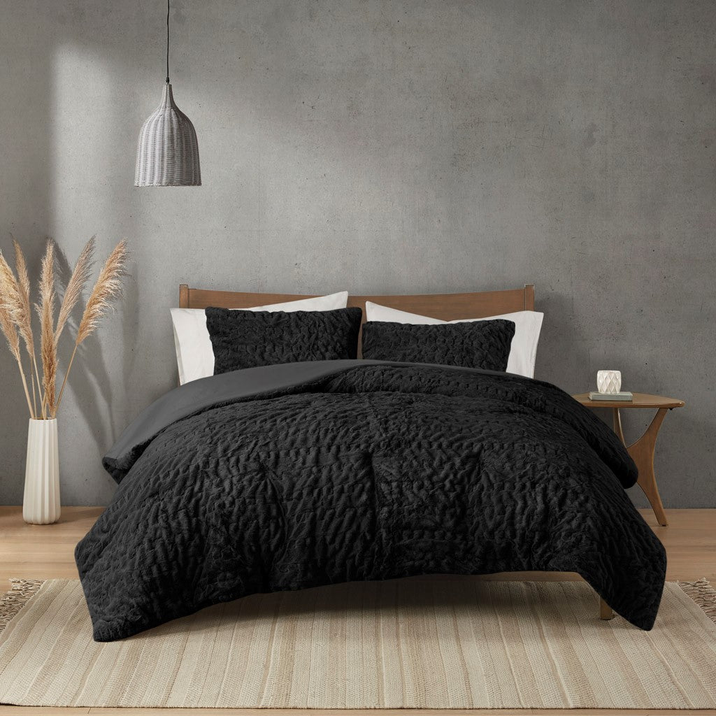 Ruched Fur Down Alternative Comforter Set King Black Polyester