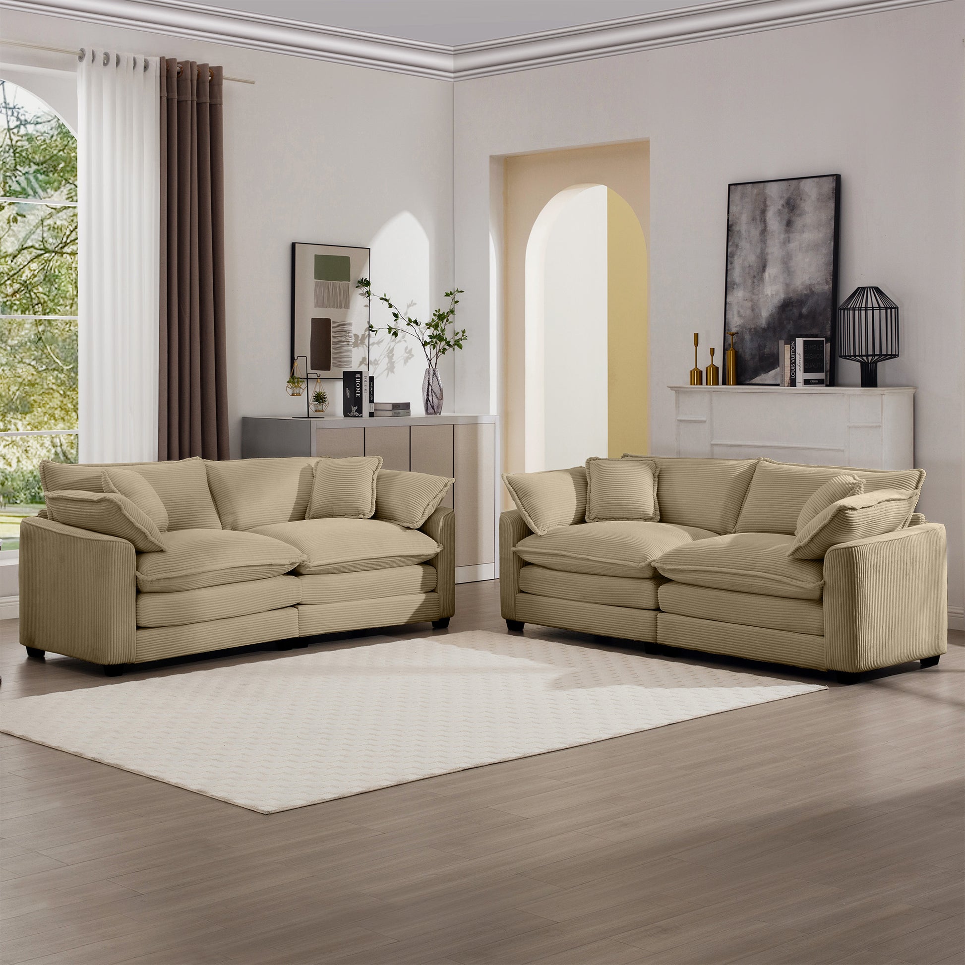 Modern Fabric Living Room Sofa Two Piece Set, Two 2 Seater Sofas With 8 Cushion Upholstery Large Deep Seat Recliner, Tan Corduroy Fabric Tan Corduroy 4 Seat