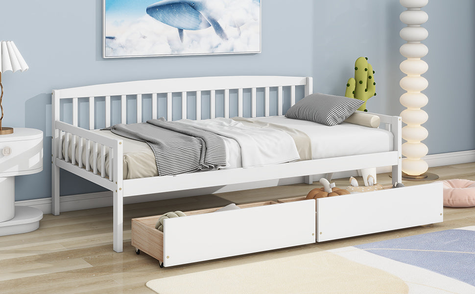 Twin Size Pine Wood Daybed With Two Storage Drawers, Sofa Bed With Bed Platform Of 10 Support Slats,White Twin White Pine