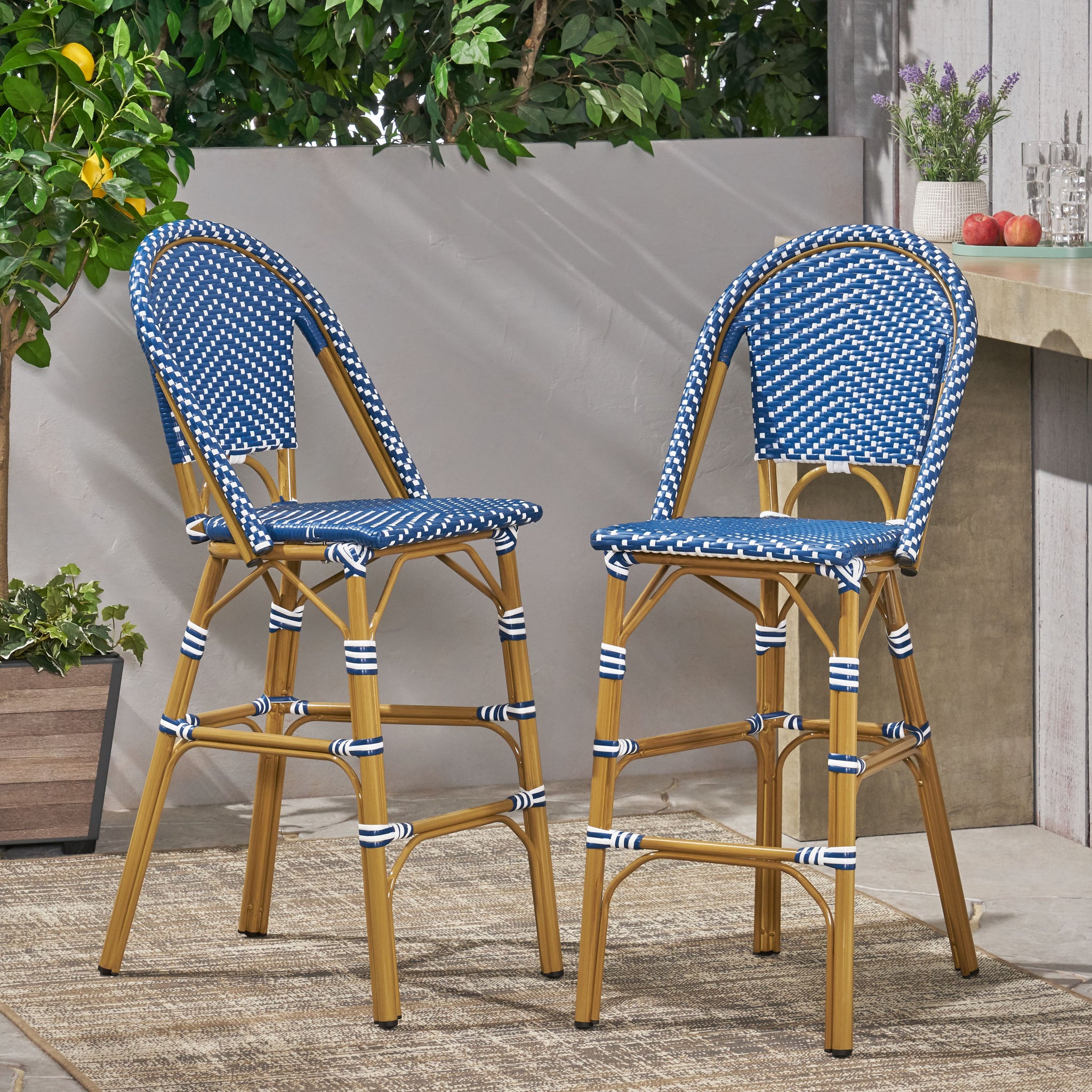 Wicker Bar Stool With Aluminum Frame Teal Blue Aluminium