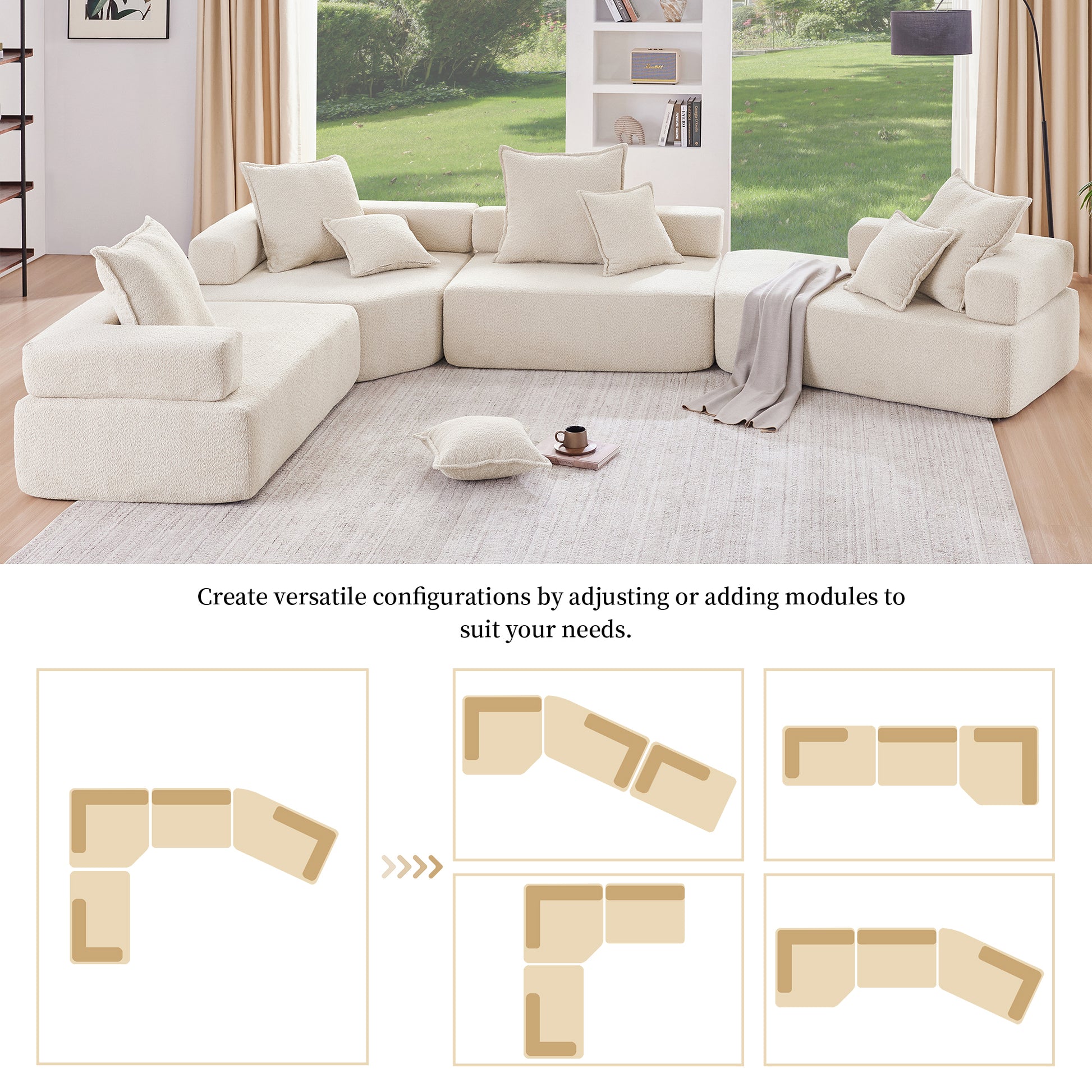 156''Oversized Modular U Shaped Sectional Sofa,Luxury Boucle Floor Couch Set,Convertible Sleeper Couch,Spacious Foam Filled Sofa Bed For Living Room,4 Pc Free Combination,2 Color Beige Boucle 6 Seat