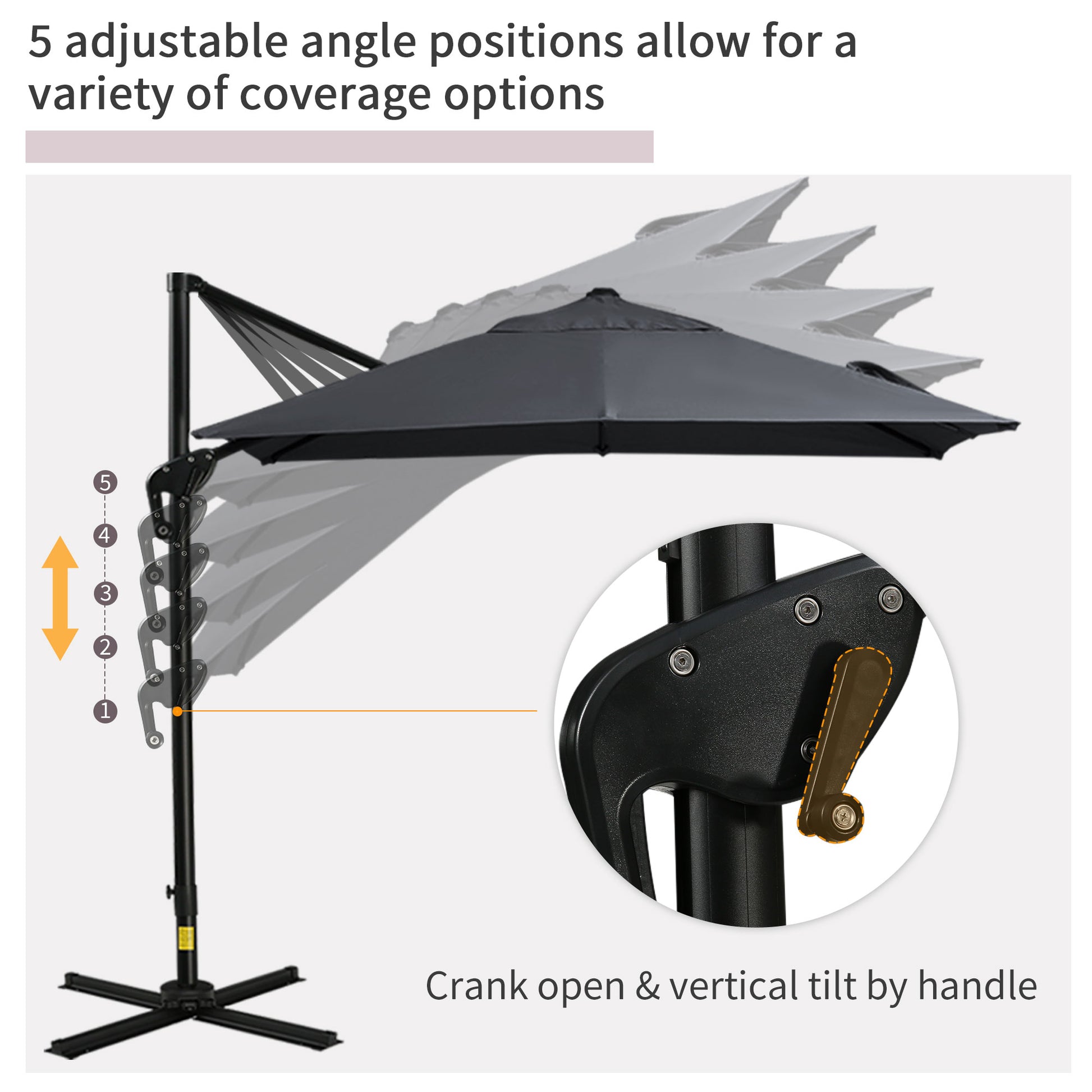 Outsunny 8Ft Cantilever Patio Umbrella, Square Outdoor Offset Umbrella With 360 Rotation, Aluminum Hanging Umbrella With 3 Position Tilt, Crank & Cross Base For Garden, Dark Gray Gray Aluminum