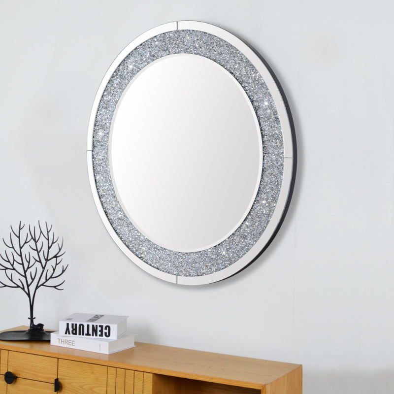 31.5" Crushed Diamond Decor Round Wall Mirror Silver Art Deco,Modern Mdf Glass,Mirror