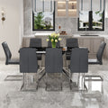 Table And Chair Set.Table And Chair Set.Modern Luxurious Black Marble Patterned Tempered Glass Dining Table With 8 Dark Gray Pu Chairs.Multiple High Quality Pu Dining Chairs With Silver Legs. Dark