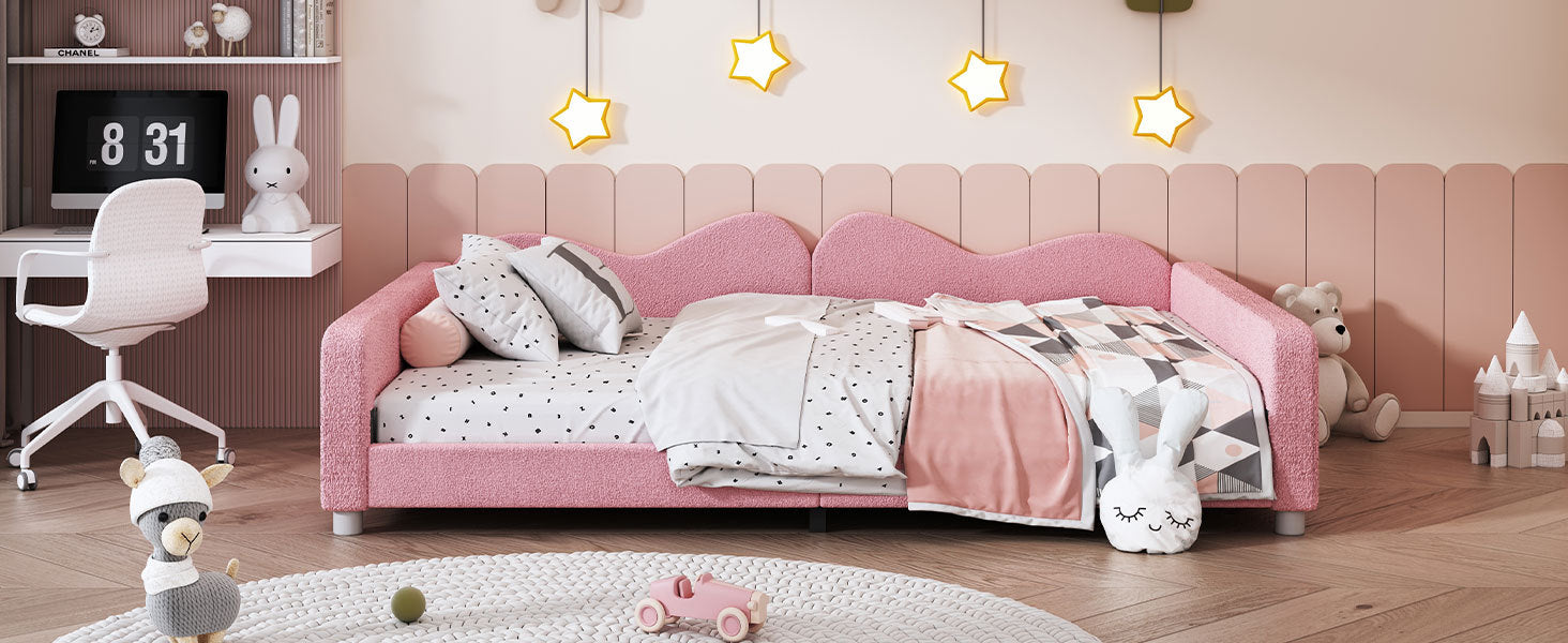 Full Size Upholstered Daybed, Sherpa Fabric Sofabed With Cloud Shaped Backrest, No Box Spring Needed, Pink Full Pink Wood Fabric