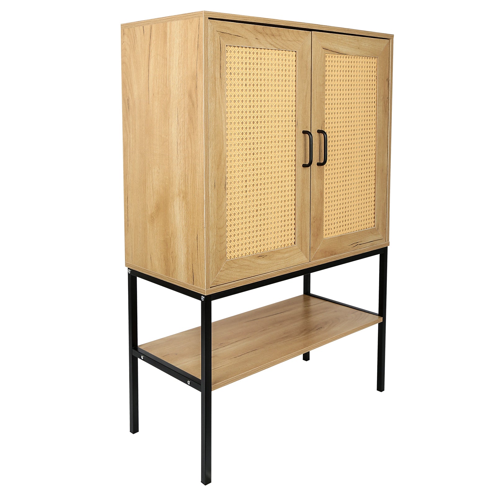 31.5 Inch Wide 2 Rattan Doors Free Standing Sideboard Storage Cabinet With One Open Bottom Shelf For Kitchen Dinning Room Living Room, Natural Color Freestanding 1 2 Shelves Natural Natural Primary Living Space Open Storage Space American Design Particle