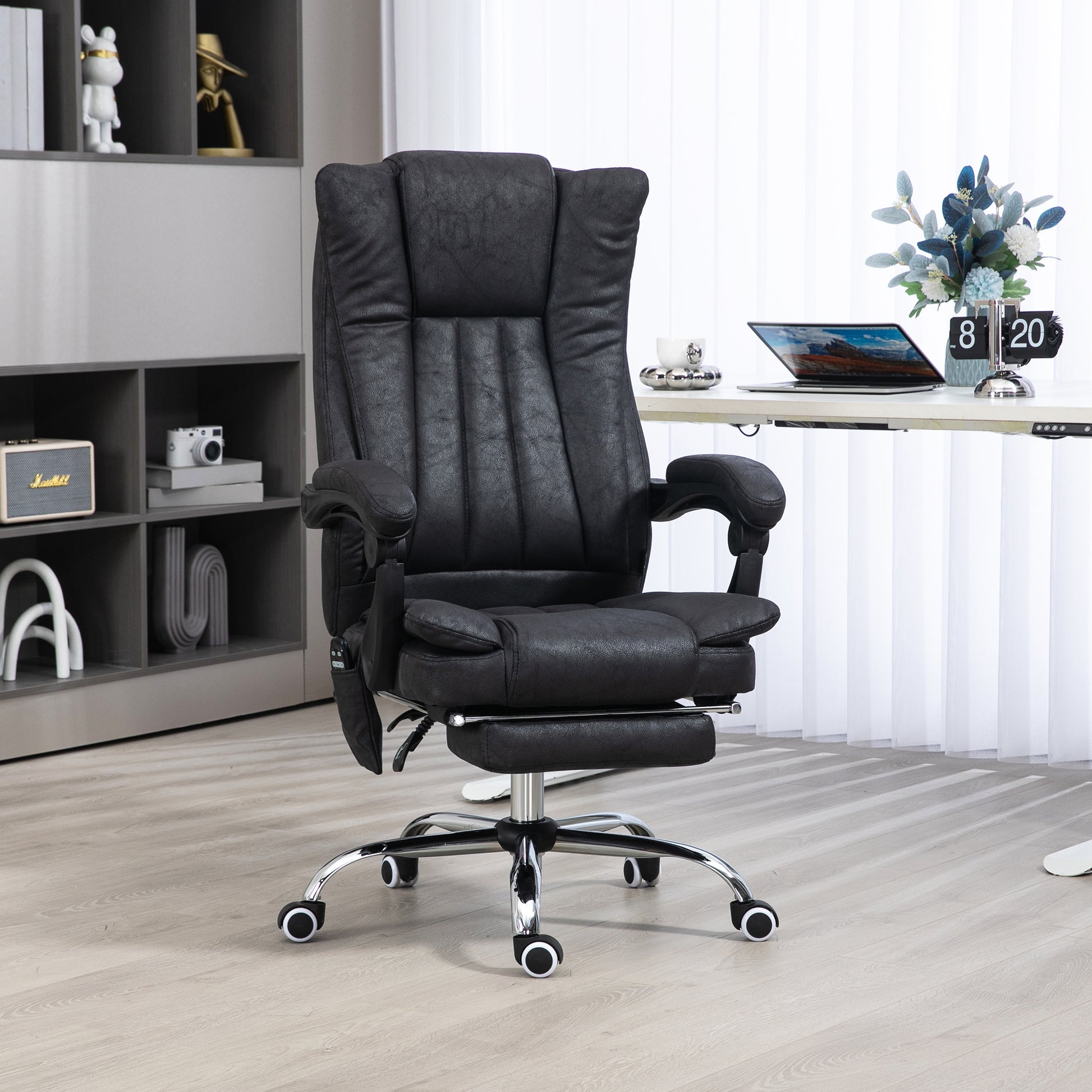 Vinsetto Microfiber Office Chair, High Back Computer Chair With 6 Point Massage, Heat, Adjustable Height And Retractable Footrest, Black Black Polyester