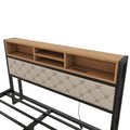 Metal Queen Size Platform Bed With 4 Drawers, Upholstered Headboard And Footboard, Sockets And Usb Ports, Beige Queen Beige Black Fabric Metal