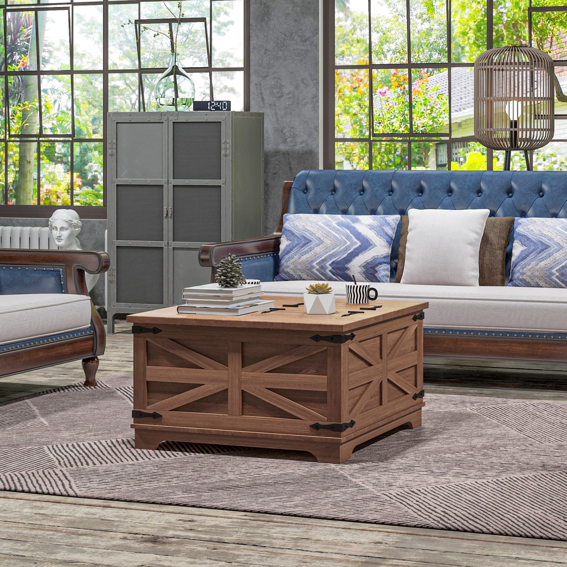 Homcom Farmhouse Coffee Table With Storage, Center Table With Hinged Lift Top And Hidden Space, Square Coffee Table For Living Room, Distressed Brown Brown Particle Board