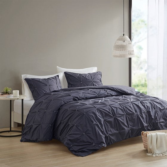 3 Piece Elastic Embroidered Cotton Duvet Cover Set Queen Dark Navy Cotton