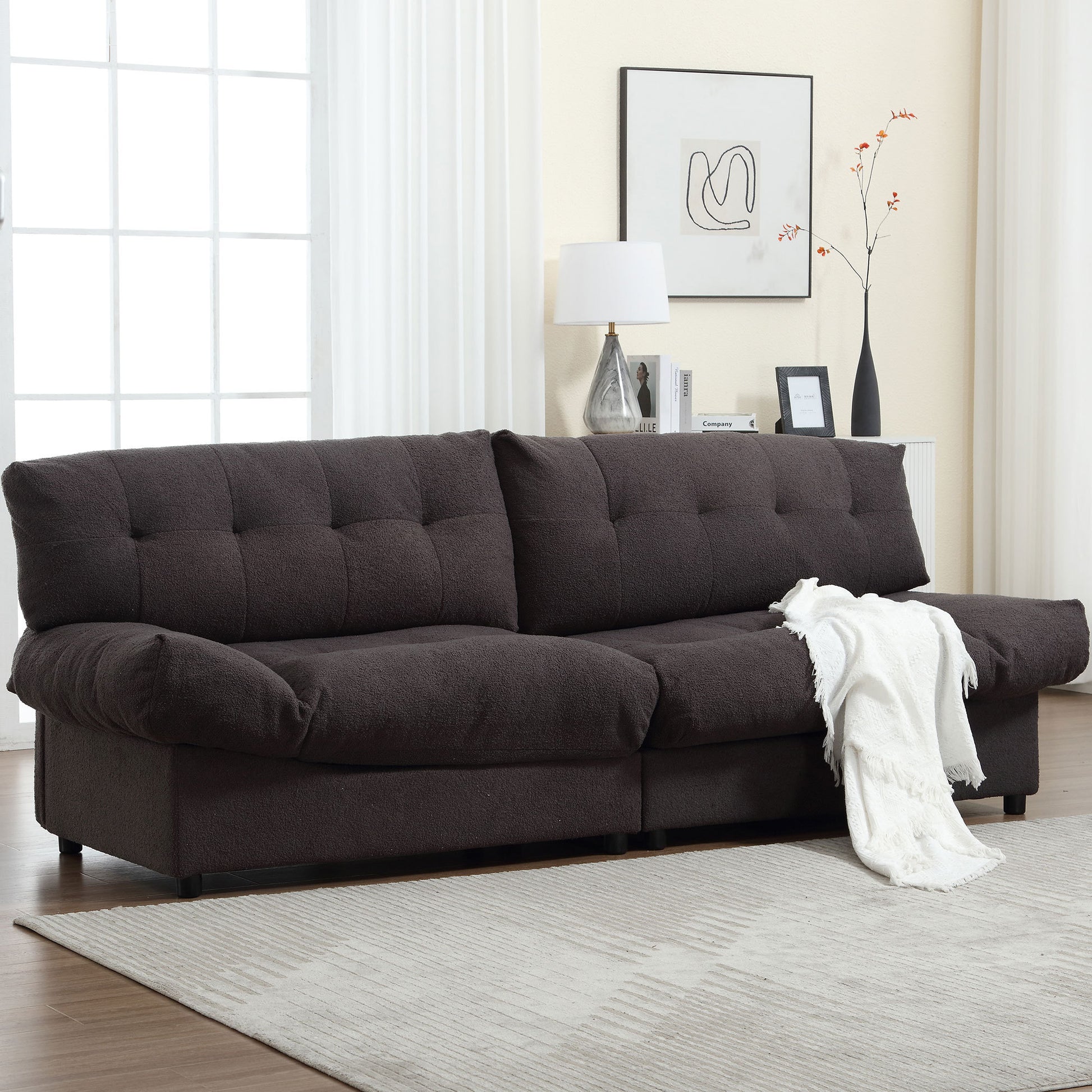 Cloud Style Sofa, Teddy Velvet Fabric, Comfy Padded Cloud Couch For Living Room, Apartment Dark Gray Light Brown Velvet Wood Primary Living Space Modern Polyester 2 Seat