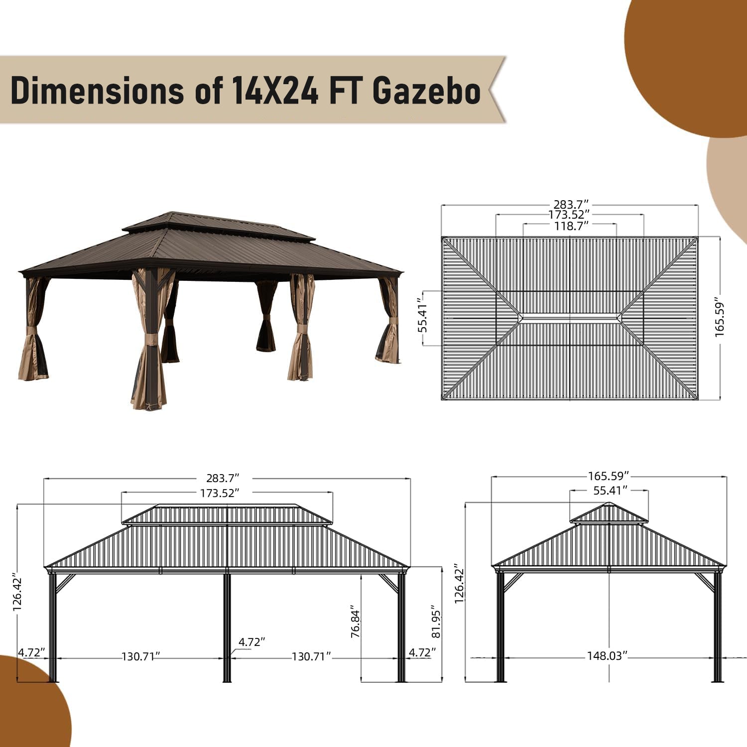 14X24Ft Hardtop Gazebo, Outdoor Gazebo With Galvanized Steel Double Roof, Aluminum Frame, Built In Gutter System, Curtain And Netting, Metal Gazebo Pavilion For Patio Deck Garden, Brown Brown