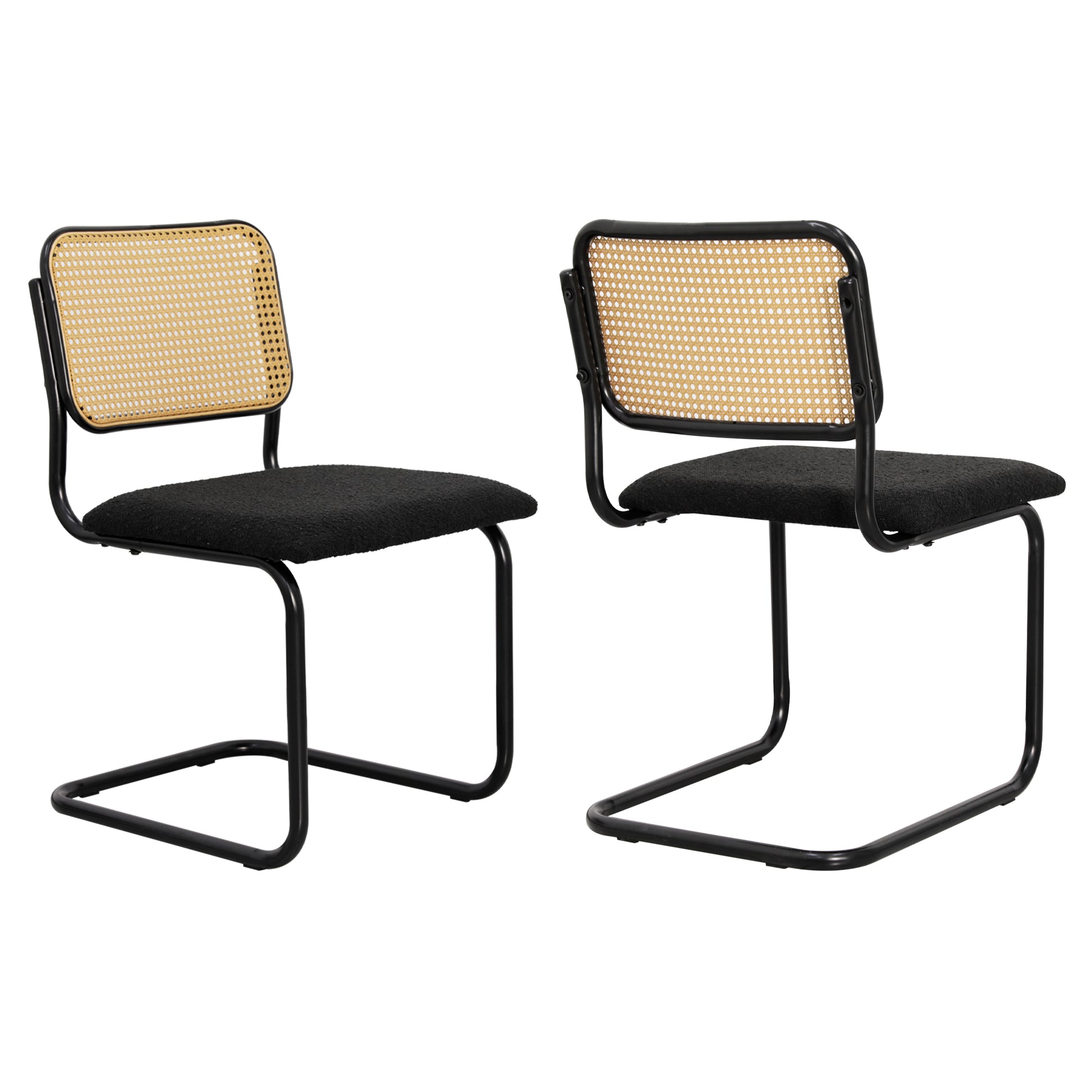 Mid Century Modern Dining Chairs Set Of 2, Velvet Accent Chairs With Natural Cane Back, Black Iron Black Dining Room Dining Chairs Set Of 2 Fabric,Pe Rattan Iron