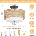 3 Light Semi Flush Mount Ceiling Light Fixture, Boho Rattan Light Fixtures Ceiling, Farmhouse Drum Light With Fabric Shade, Woven Rattan Ceiling Lights For Bedroom Dining Room Foyer Kitchen Hallway Brown Rattan Metal