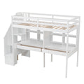 Twin Size Loft Bed Frame With Storage Staircase And Double Desks And Shelves,White Twin White Solid Wood Mdf