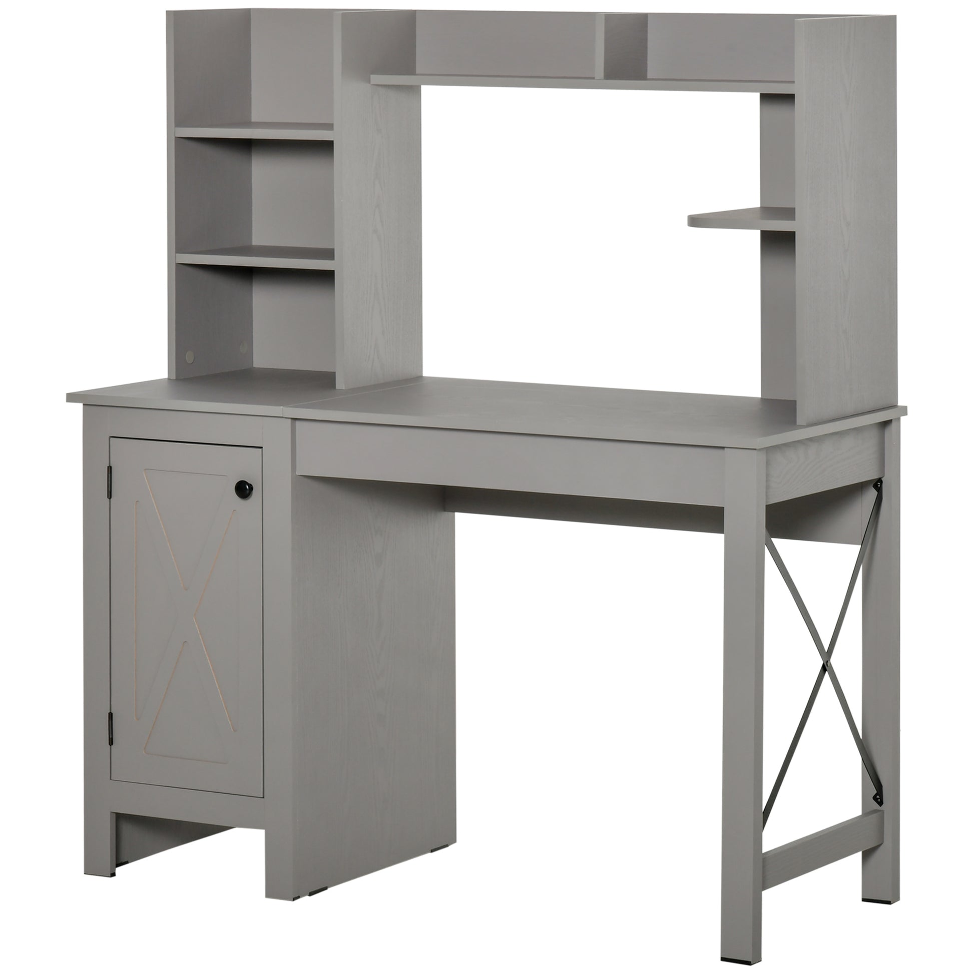 Homcom Farmhouse Computer Desk With Hutch And Cabinet, Home Office Desk With Storage, For Study, Light Grey Light Grey Particle Board