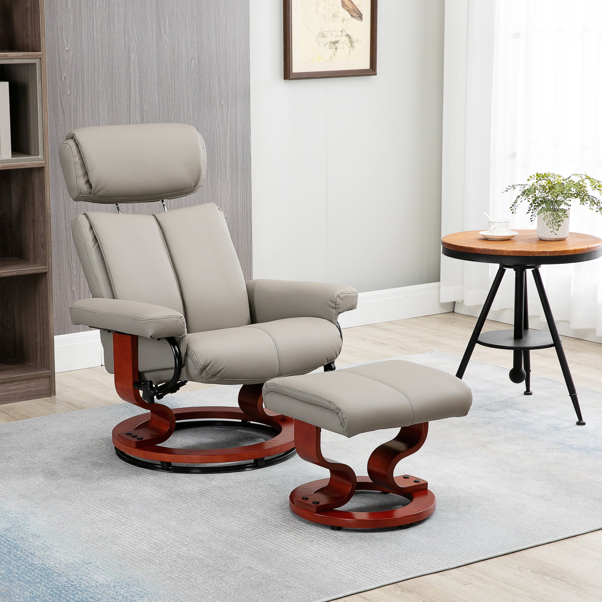 Homcom Recliner Chair With Ottoman, 360 Swivel Reclining Chair With Wood Base And Matching Footrest, Grey Grey Pu