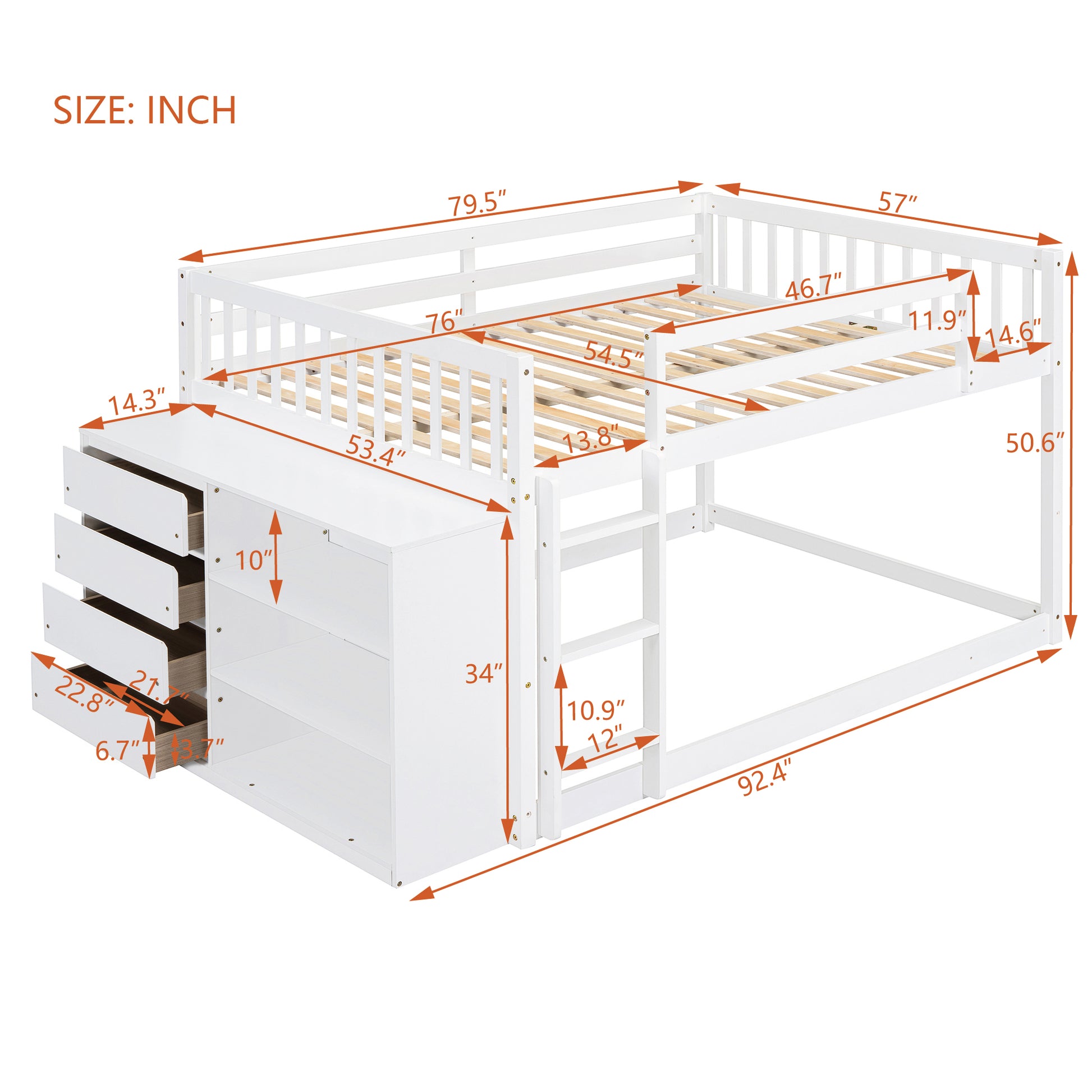 Full Over Full Bunk Bed With 4 Drawers And 3 Shelves White Full White Solid Wood