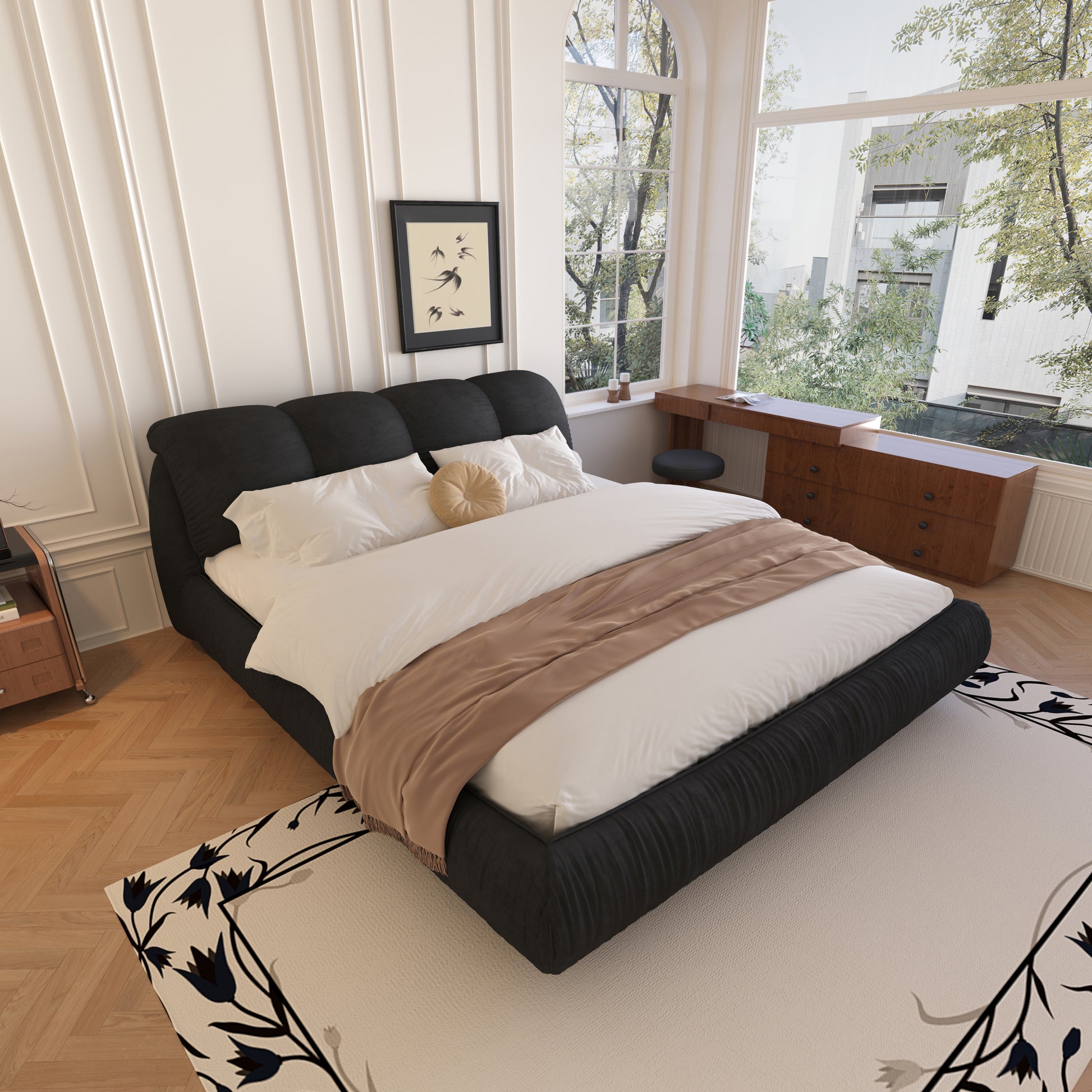 King Size Upholstered Platform Bed With Oversized Padded Backrest, Thickening Pinewooden Slats And Solid Wood Leg,Black Box Spring Not Required King Black Wood Pine Polyester Solid Wood