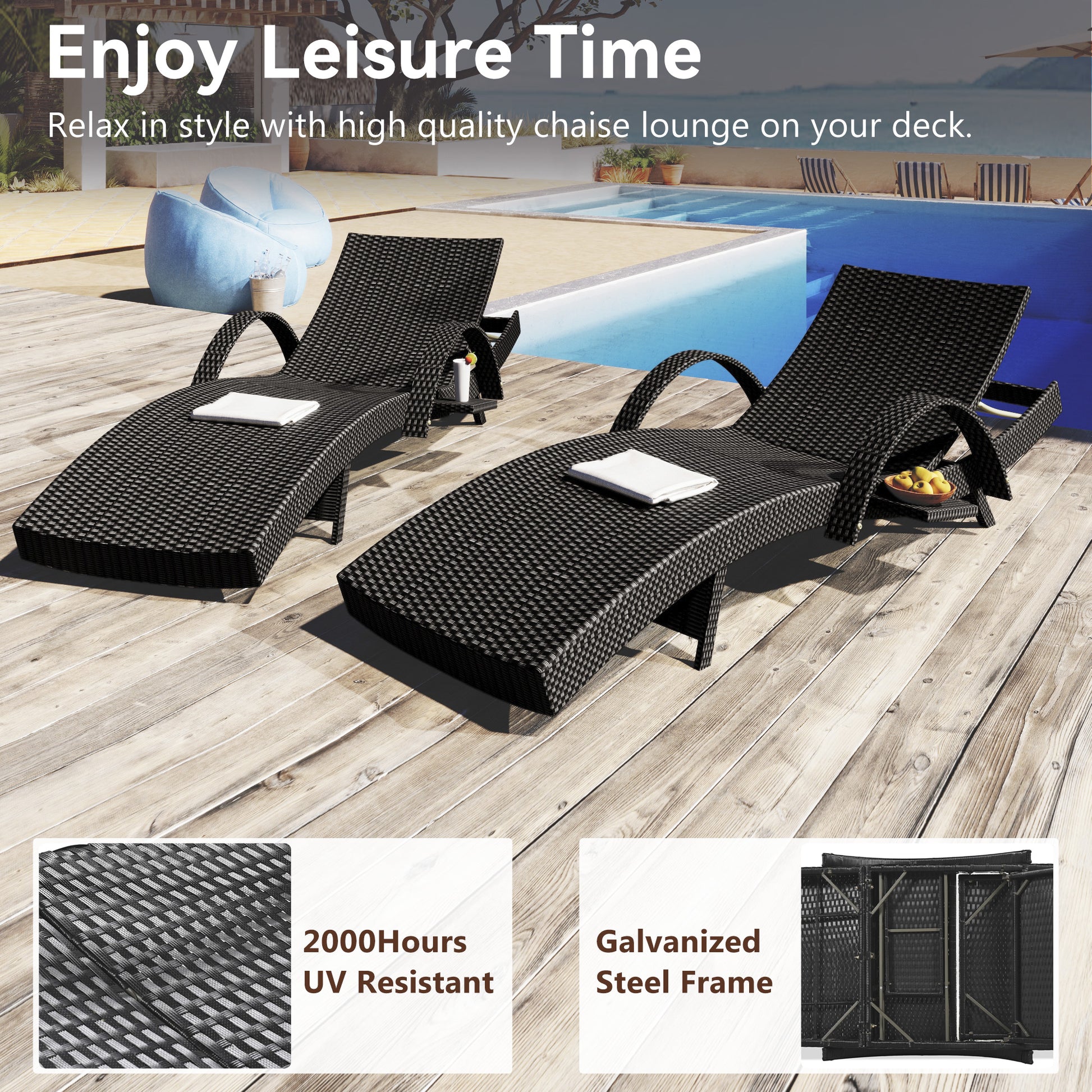 K&K 80'' Outdoor Wicker Chaise Lounge Chairs Set Of 2, Patio Rattan Reclining Chair Pull Out Side Table Adjustable Backrest Ergonomic Wave Design Pool Sunbathing Recliners, Black No Lounge Black