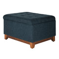 Textured Fabric Upholstered Wooden Ottoman With Button Tufted Top, Blue And Brown Blue Brown Wood Fabric