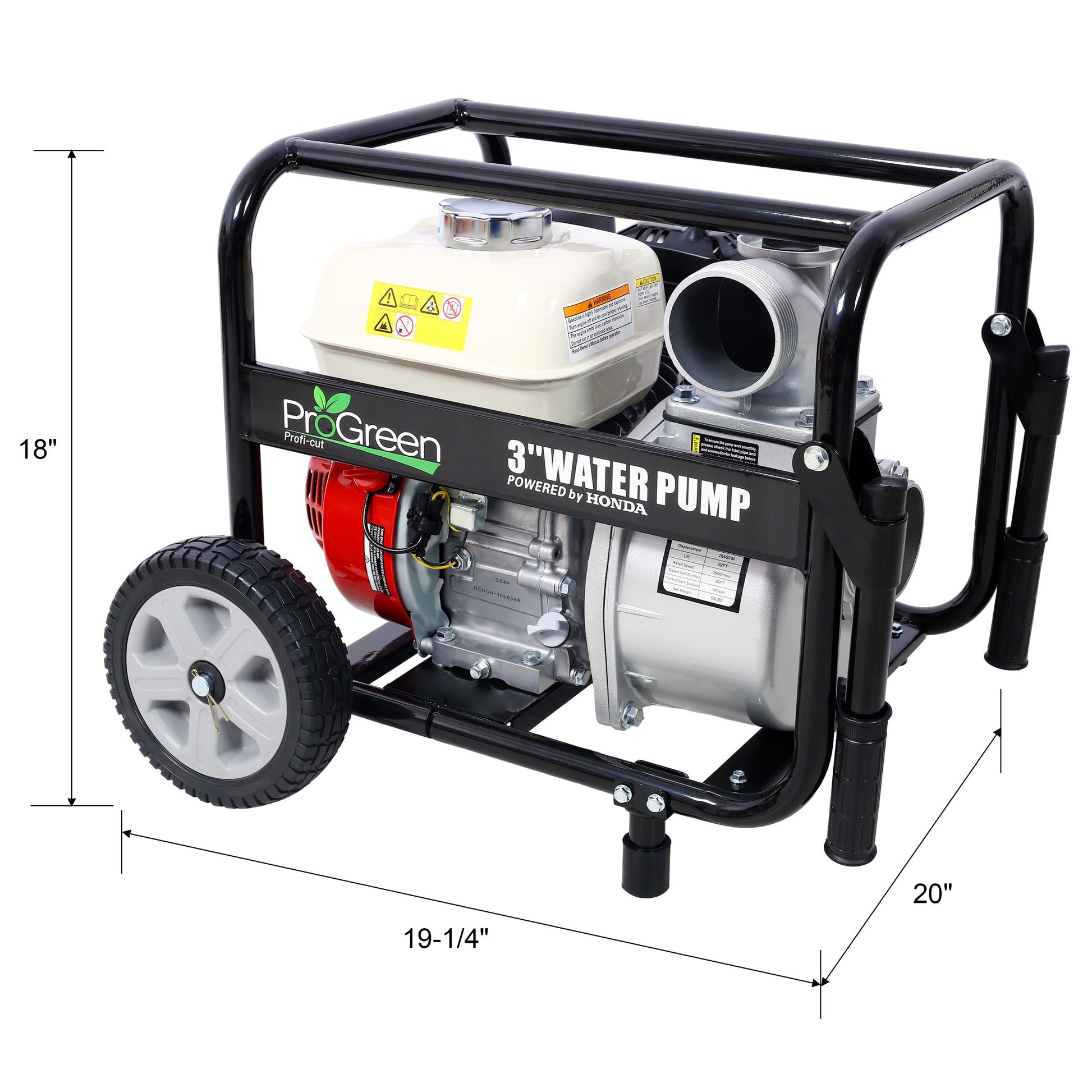 Water Pump 3" 264Gpm ,163Cc Honda Gx160 Engine, 3In Npt Coupler ,With Accessories Kit And Handle Wheel Kit Black Red Aluminum