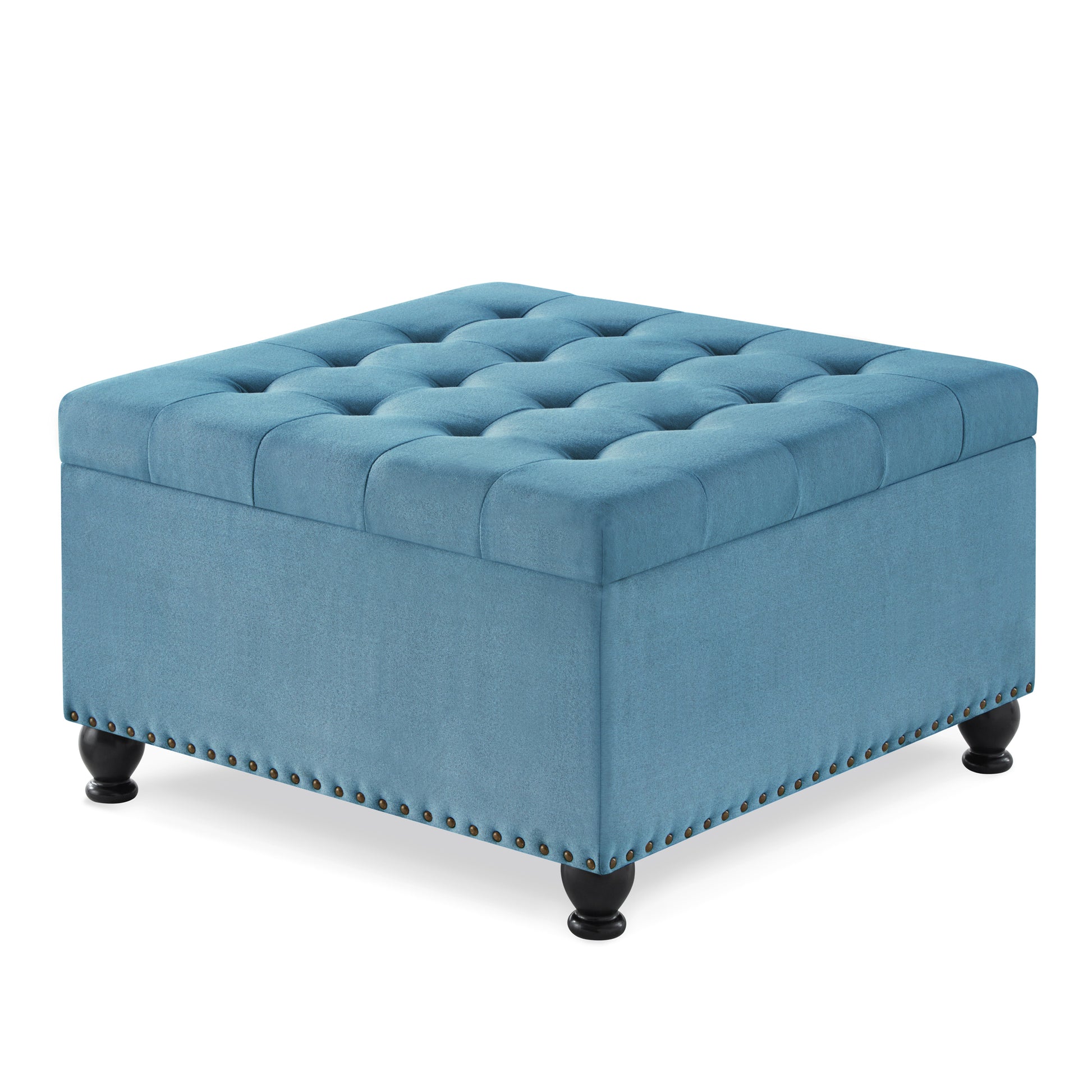 Large Square Storage Ottoman With Wooden Legs, Upholstered Button Tufted Coffee Table With Nail Trims,Light Blue Espresso Wood Primary Living Space Solid Black Rubberwood Wood Tufted Light Blue Linen Linen Or Linen Blend Medium Soft Backless American