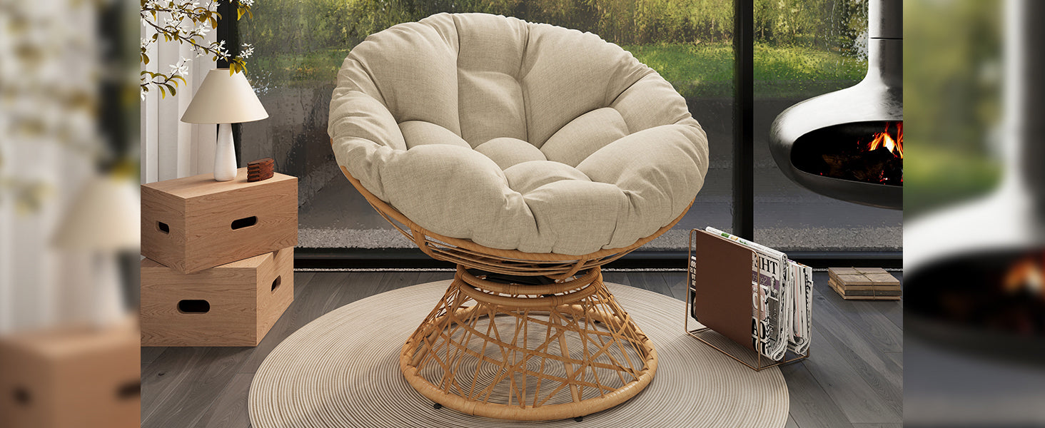 40" Ergonomic Wicker Chair With Cloud Thick Density Fabric Cushion,3 Proof Cover,High Capacity Iron Frame,Fluid 360 Degree Swivel For Reading,Living Room, Bedroom,Lounge,Natural Base,2 Colors