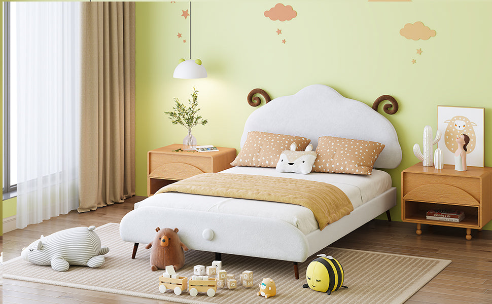 Full Size Upholstered Platform Bed With Sheep Shaped Headboard, White Full White Plywood