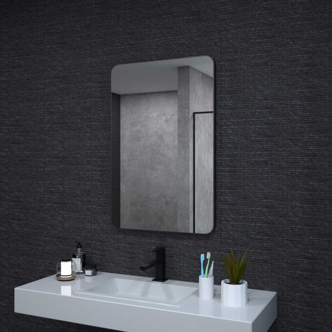 24X36 In. Aluminum Framed Rounded Rectangle Bathroom Wall Mirror, Oil Rubbed Bronze Bathroom Vanity Mirror Farmhouse, Anti Rust, Tempered Glass Mirrors, Hangs Horizontally Or Vertiy Oil Rubbed Bronze Aluminum