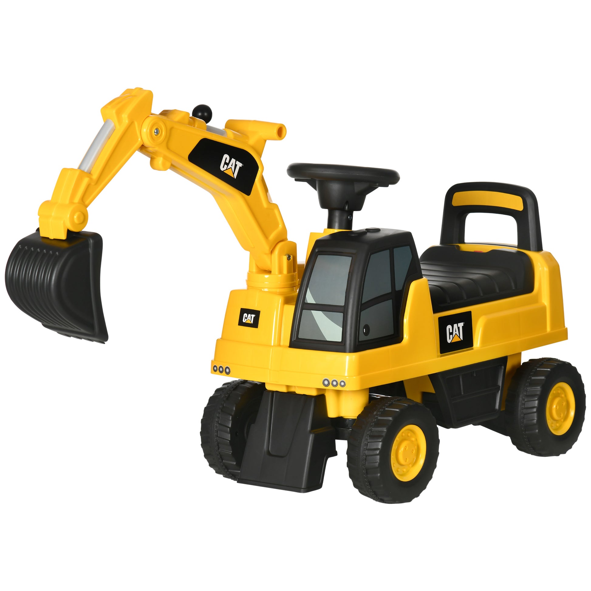 Aosom Excavator Ride On Toy, Cat Licensed Kids Manual Pedal Ride On Excavator With Manual Shovel, Horn, Hidden Storage For 18 36 Months Boys And Girls, Yellow Yellow Plastic