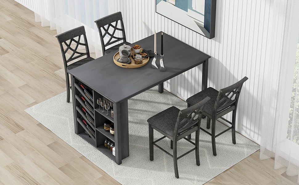 Updated Counter Height 5 Piece Solid Wood Dining Table Set, 59*35.4Inch Table With Curved Wine Rack And 4 Upholstered Chairs, Grey Wood Dining Room Solid Wood Rubberwood Rectangular Dining Table With Chair Wood Wood Grey Solid Back Seats 4 Farmhouse 4