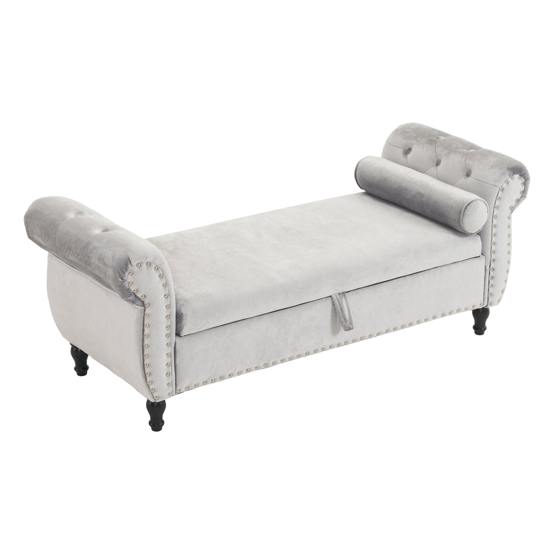 Velvet Multifunctional Storage Rectangular Ottoman Bench With 1 Pillow, Grey Grey Polyester Wood Solid Beige Pine Flip Top Polyester With Storage Velvet