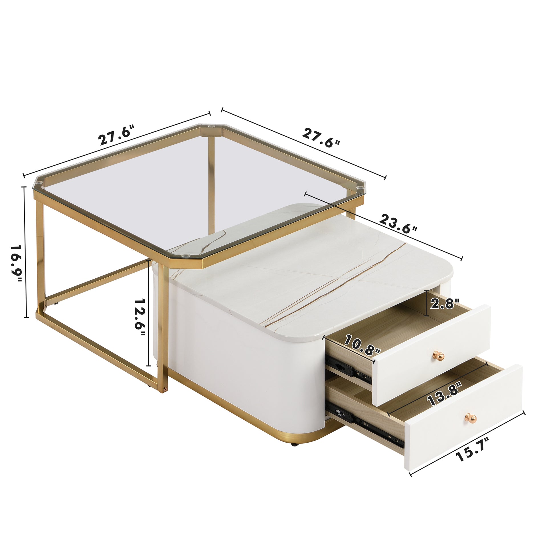 Modern 2 Pieces White Square Nesting Coffee Table With Drawers & Electroplated Gold Legs In 27.6'' Golden White Square Drawers Coffee & End Tables Glossy Square Mdf Glass Mdf Pedestal