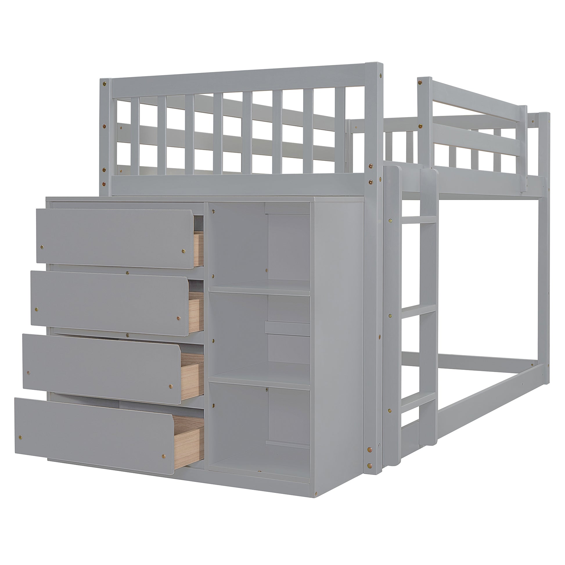 Twin Over Twin Bunk Bed With 4 Drawers And 3 Shelves Gray Twin Gray Solid Wood