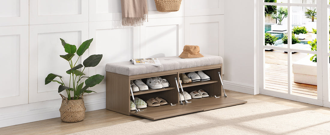 49" Shoe Storage Bench Entryway Shoe Cabinet Storage Ottoman With Padded Seat Cushion And Double Doors For Entryway, Hallway And Bedroom, Light Grey Cushioned Light Grey Chenille Solid Shoe Storage