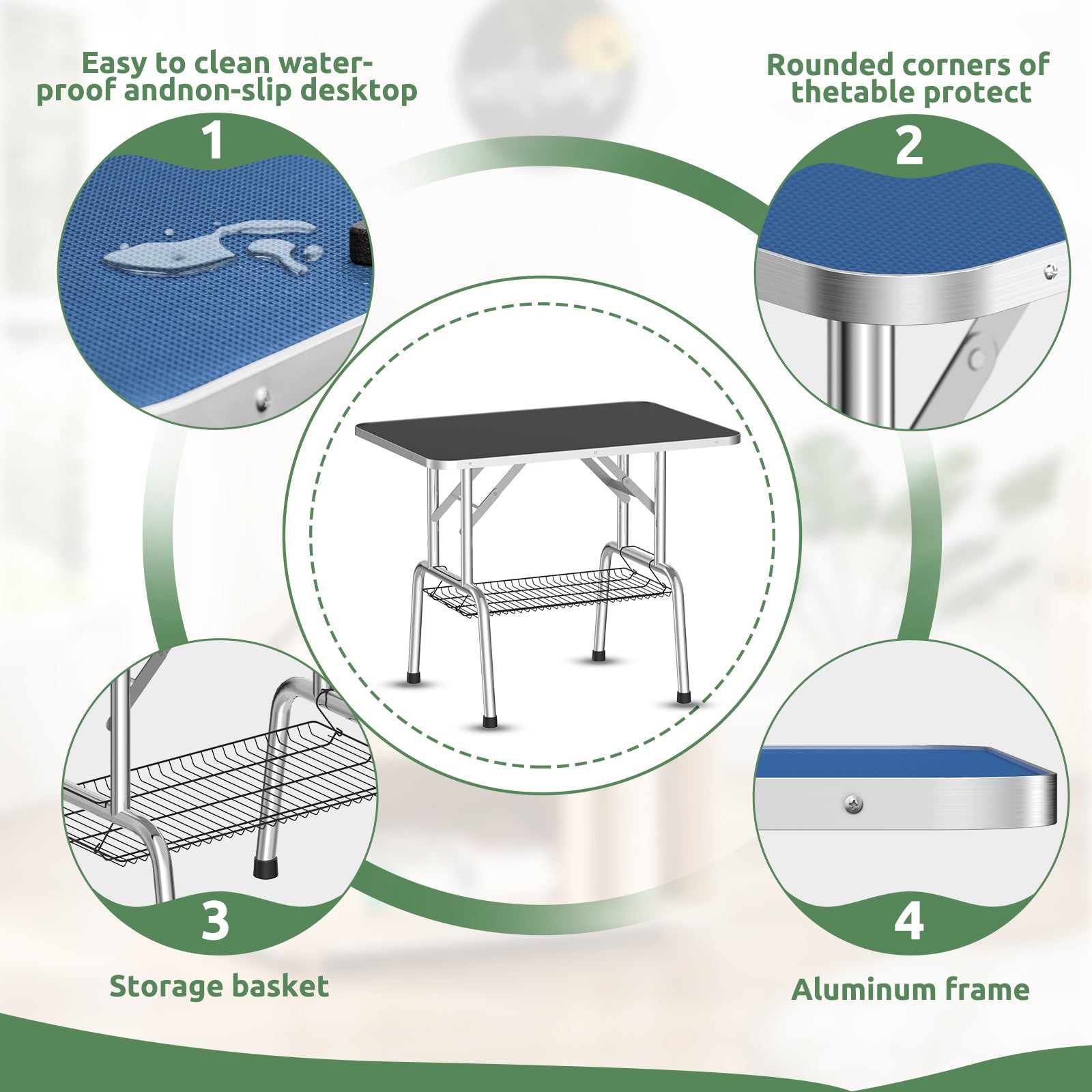 36 Inch Foldable Dog Grooming Table For Home With Adjustable Arm, Noose, Non Slip Surface, And Storage Mesh Tray Blue Mdf Metal